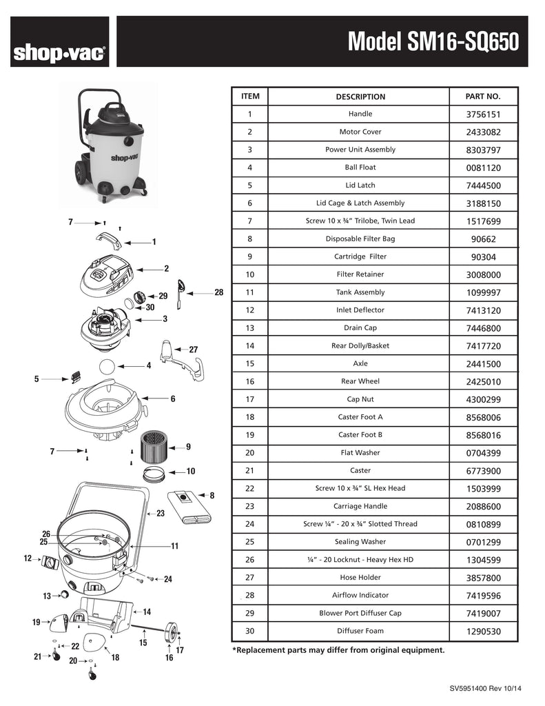 Shop-Vac Parts List for SM16-SQ650 Models (14 Gallon* Yellow / Black SVX2 Vac)