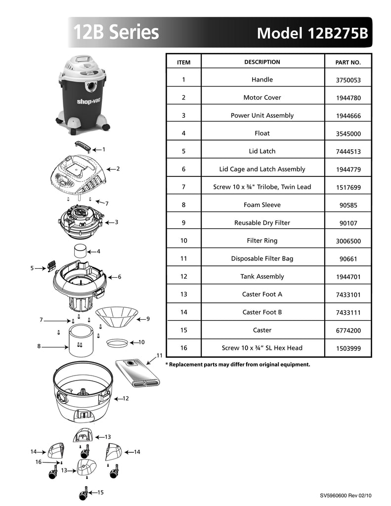 Shop-Vac Parts List for 12B275B Models (6 Gallon* Green / Gray Vac)