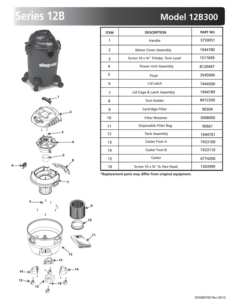 Shop-Vac Parts List for 12B300 Models (6 Gallon* Black Vac)