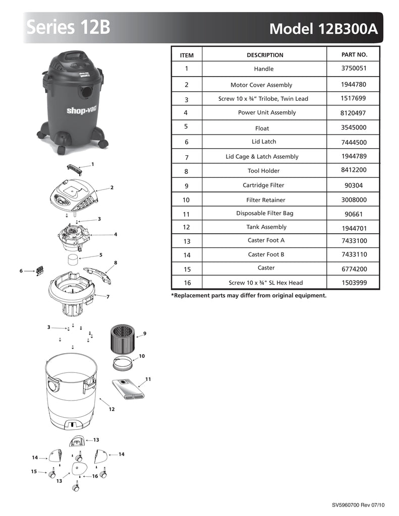 Shop-Vac Parts List for 12B300A Models (6 Gallon* Black Vac)