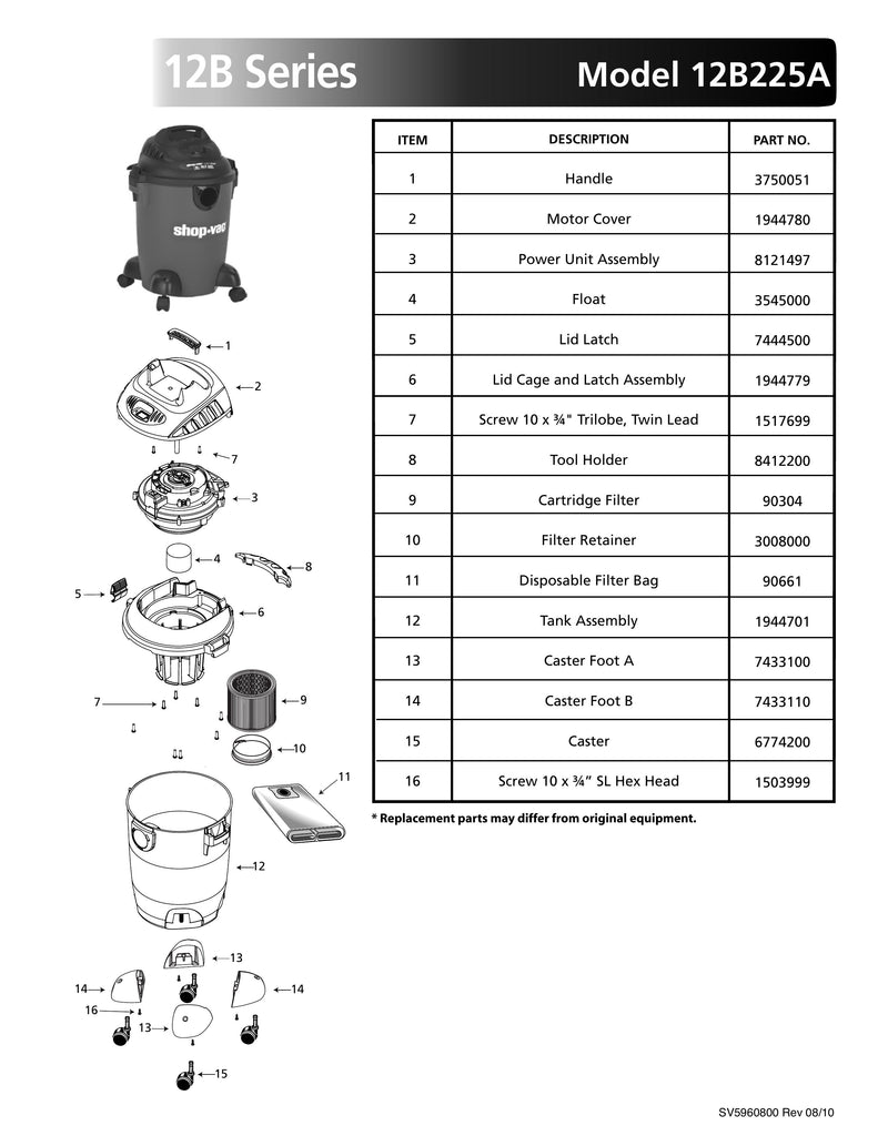 Shop-Vac Parts List for 12B225A Models (6 Gallon* Red / Black Vac)