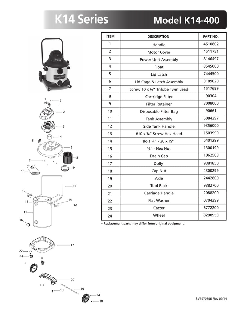 Shop-Vac Parts List for K14-400 Models (8 Gallon* Black / Stainless Steel Vac w/ Transport Handle & Large Rear Wheels)