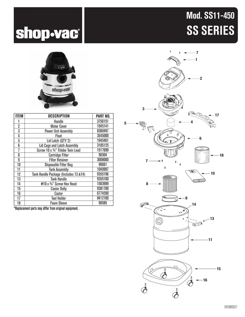 Shop-Vac Parts List for SS11-450 Models (6 Gallon* Black / Red Stainless Steel Vac)