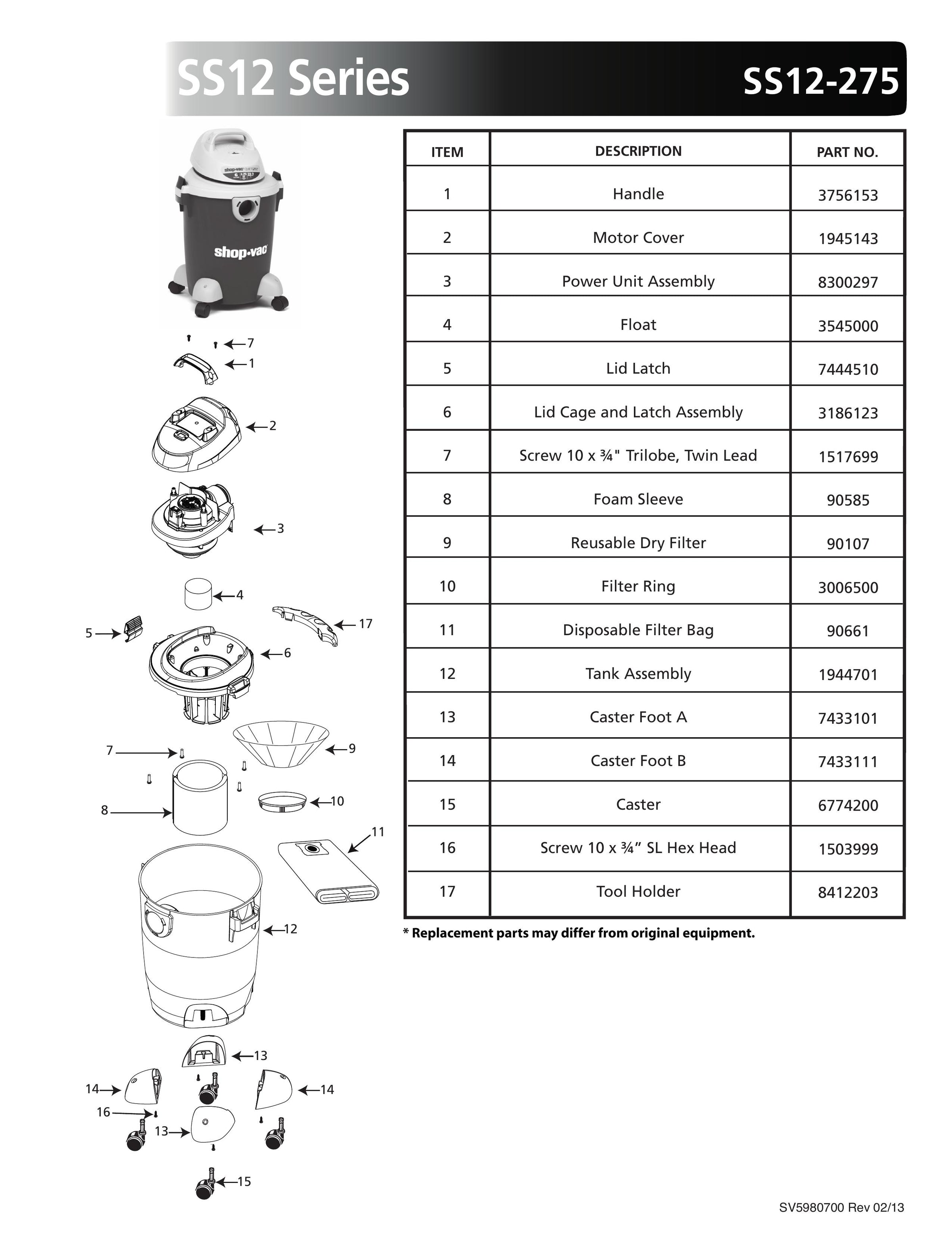 Shop-Vac Parts List for SS12-275 Models (6 Gallon* Green / Gray