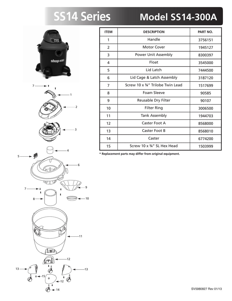 Shop-Vac Parts List for SS14-300A Models (8 Gallon* Black / Red Vac w/ black tank)
