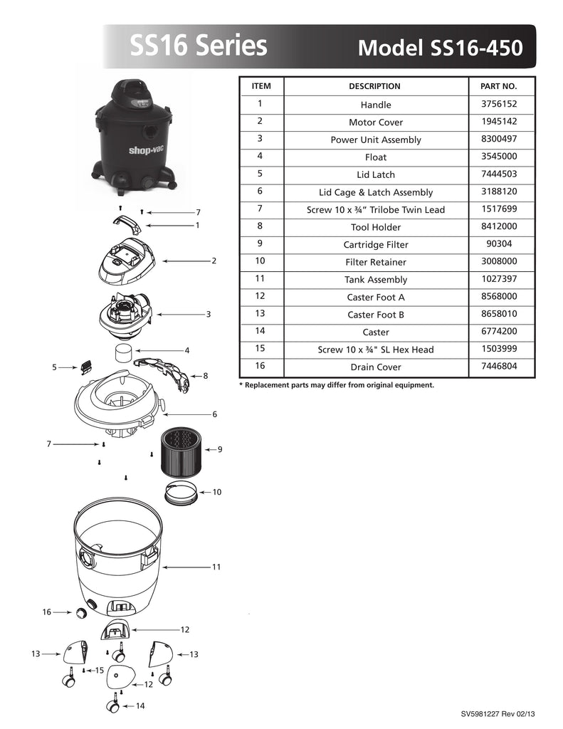 Shop-Vac Parts List for SS16-450 Models (12 Gallon* Black / Red Vac)