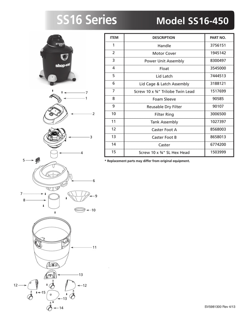 Shop-Vac Parts List for SS16-450 Models (12 Gallon* Black / Gray Vac)