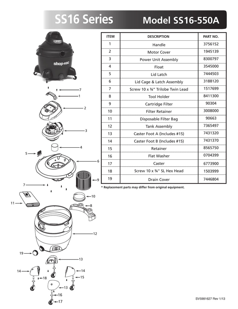 Shop-Vac Parts List for SS16-550A Models (16 Gallon* Black Vac)