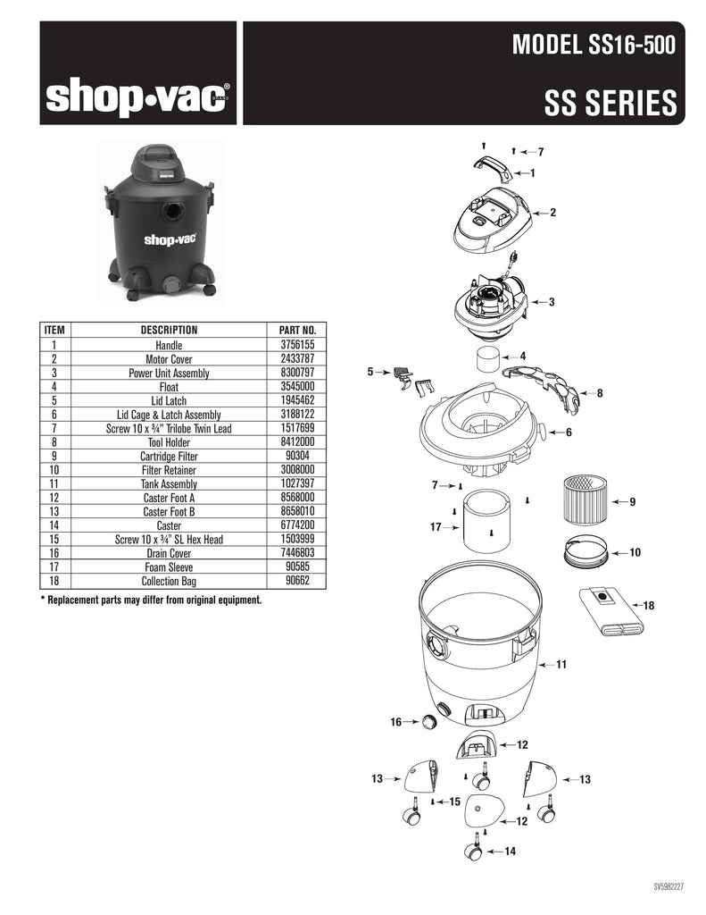 Shop-Vac Parts List for SS16-500 Models (12 Gallon* Black / Red Vac)