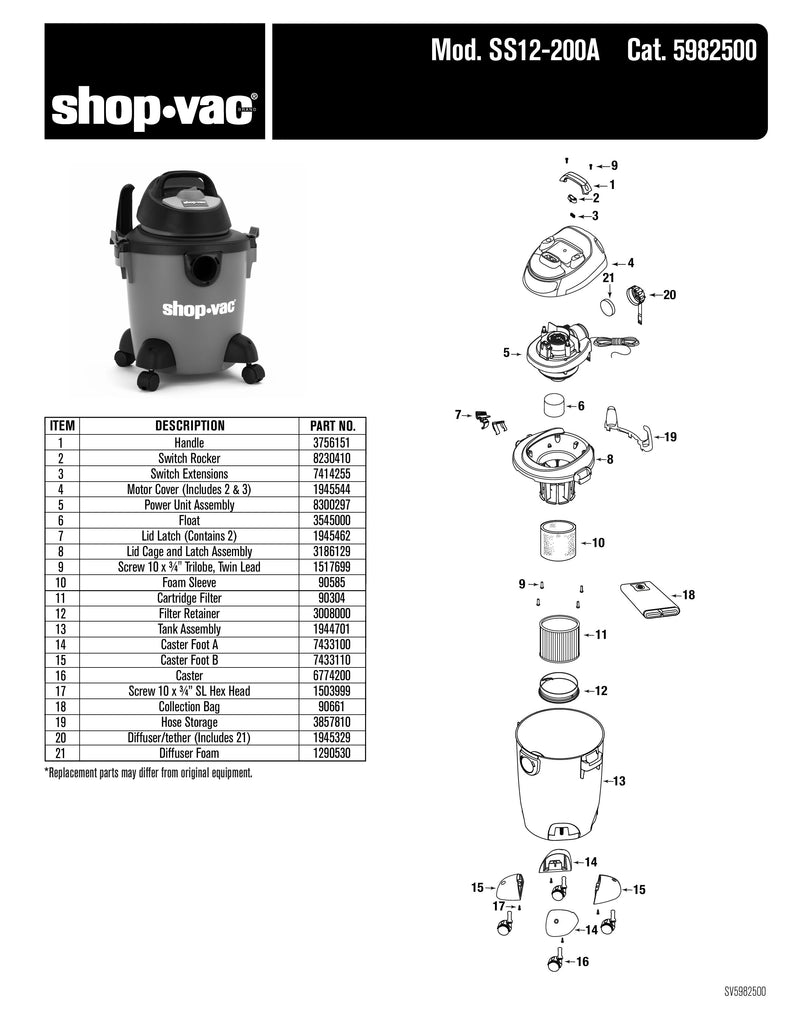 Shop-Vac Parts List for SS12-200A Models (Shop-Vac 5 Gallon* 2.0 Peak HP** Wet/Dry Utility Vacuum)