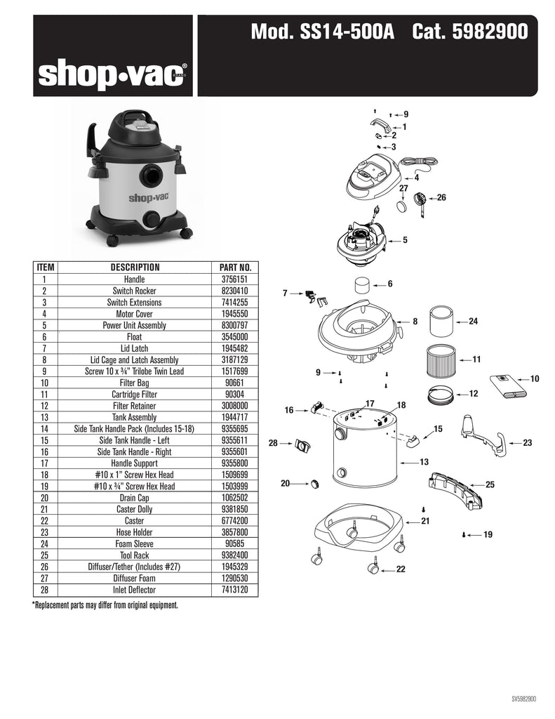 Shop-Vac Parts List for SS14-500A Models (Shop-Vac 8 Gallon 5.0 Peak HP Stainless Steel Wet/Dry Utility Vacuum)