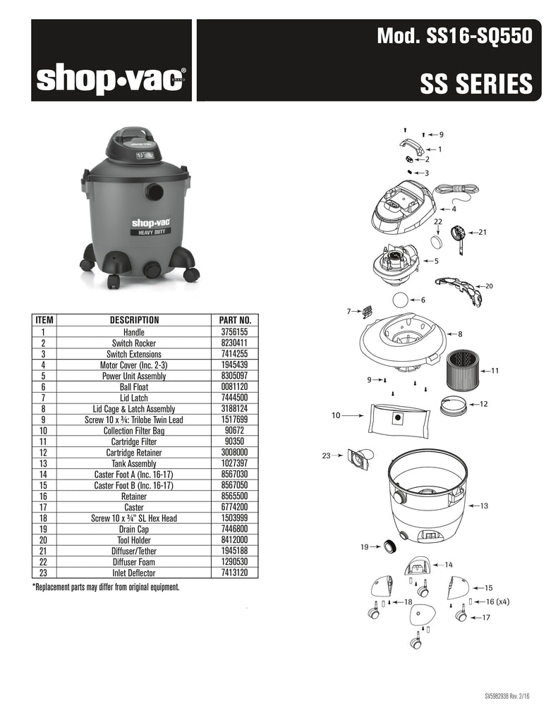 Shop-Vac Parts List for SS16-SQ550 Models (12 Gallon* Black / Red Vac)