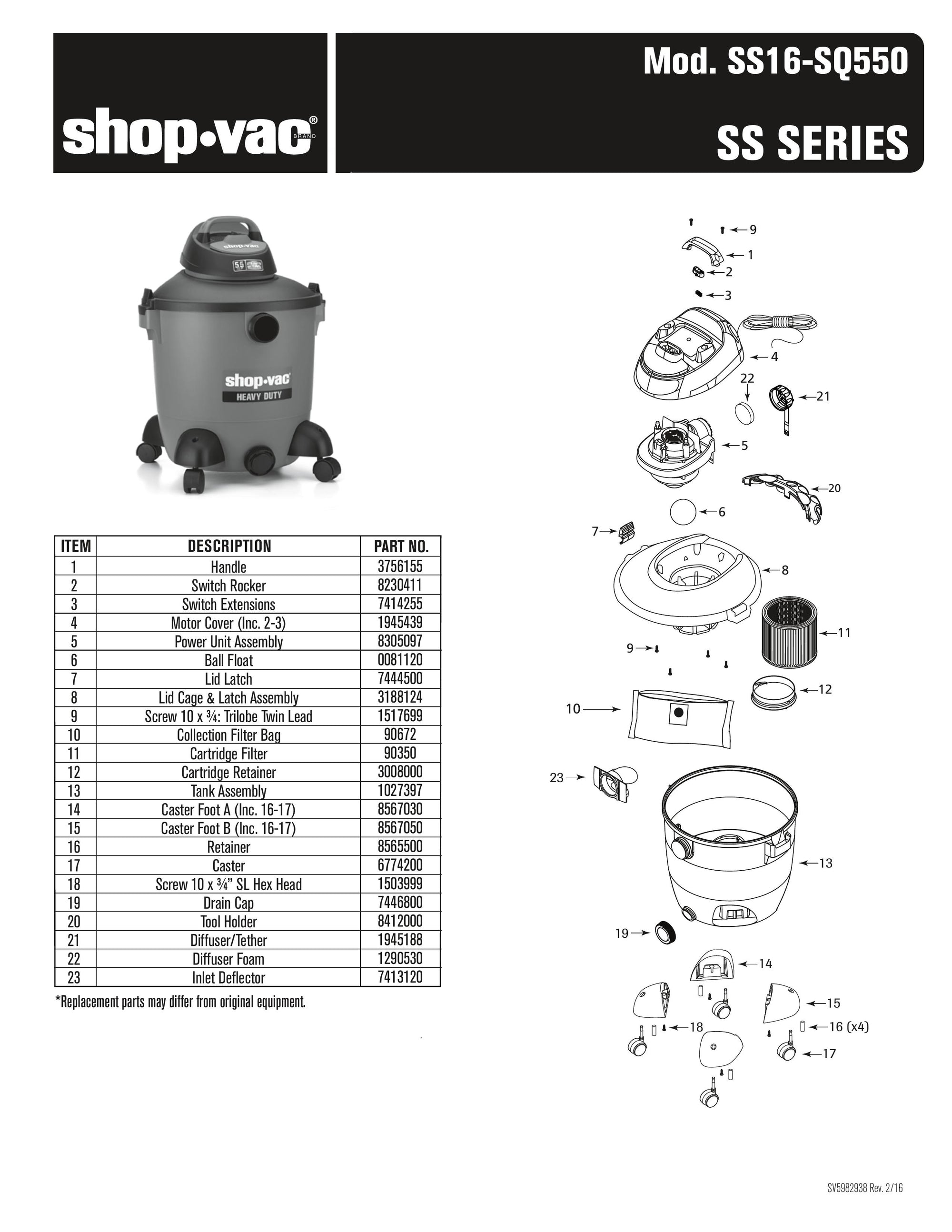 ShopVac Parts List for SS16SQ550 Models (12 Gallon* Black / Red Vac