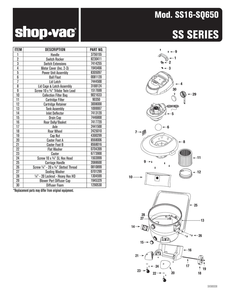Shop-Vac Parts List for SS16-SQ650 Models (14 Gallon* Black / Red Vac w/ SVX2 Motor Technology)