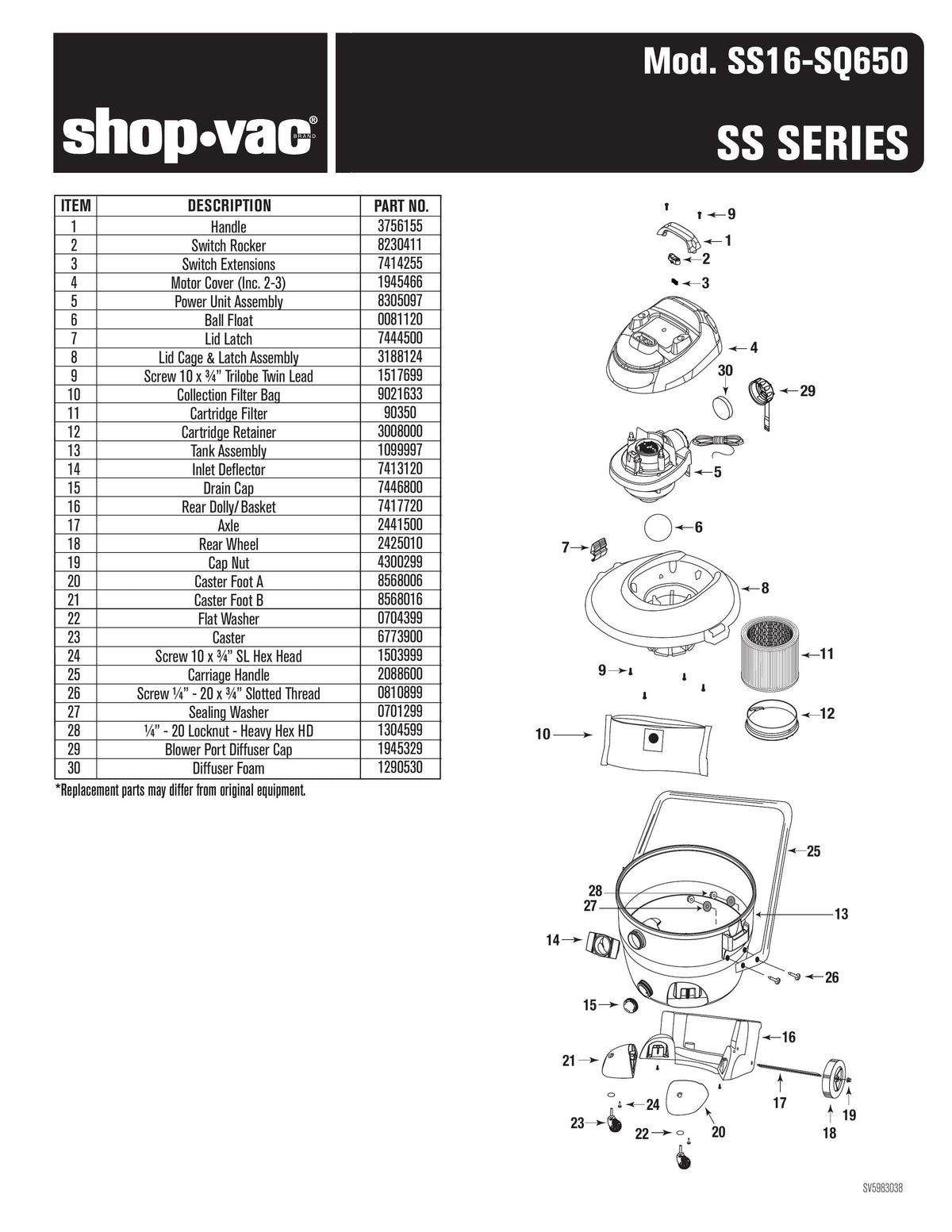 ShopVac Parts List for SQ650 Models (14 Gallon* Black / Red Vac w/ SV