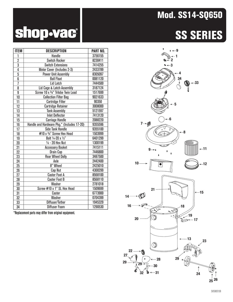 Shop-Vac Parts List for SS14-SQ650 Models (12 Gallon* Black / Red Stainless Steel Vac)