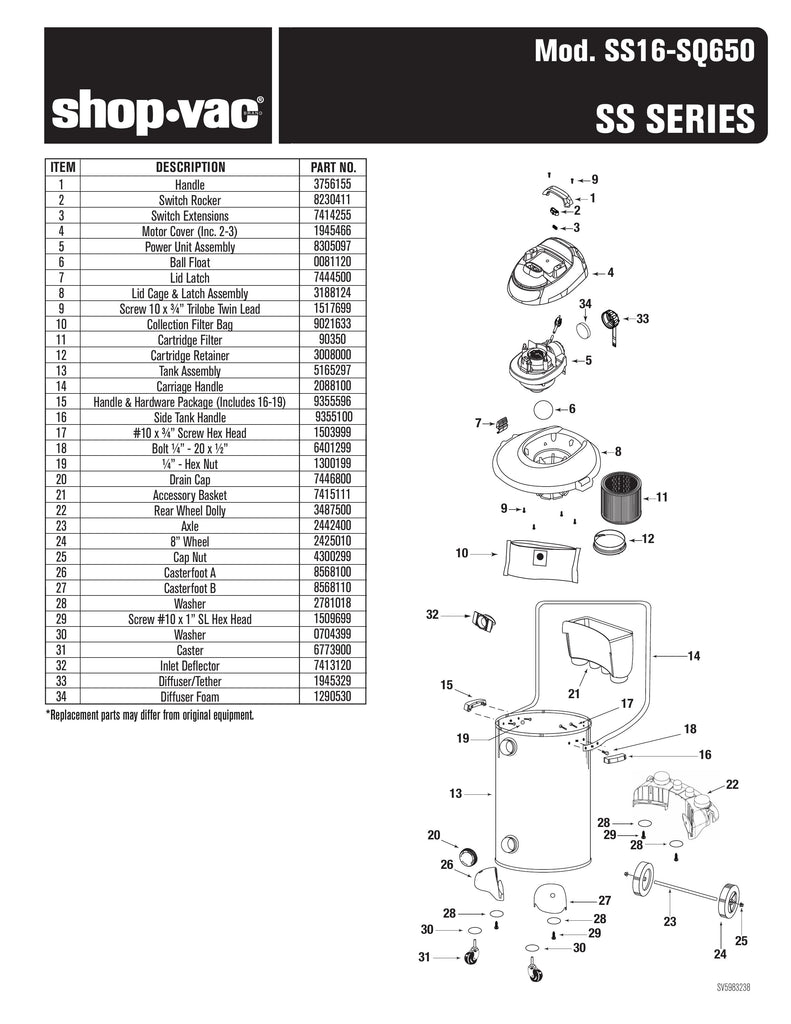 Shop-Vac Parts List for SS16-SQ650 Models (16 Gallon* Black / Red Stainless Steel Vac w/ SVX2 Motor Technology)