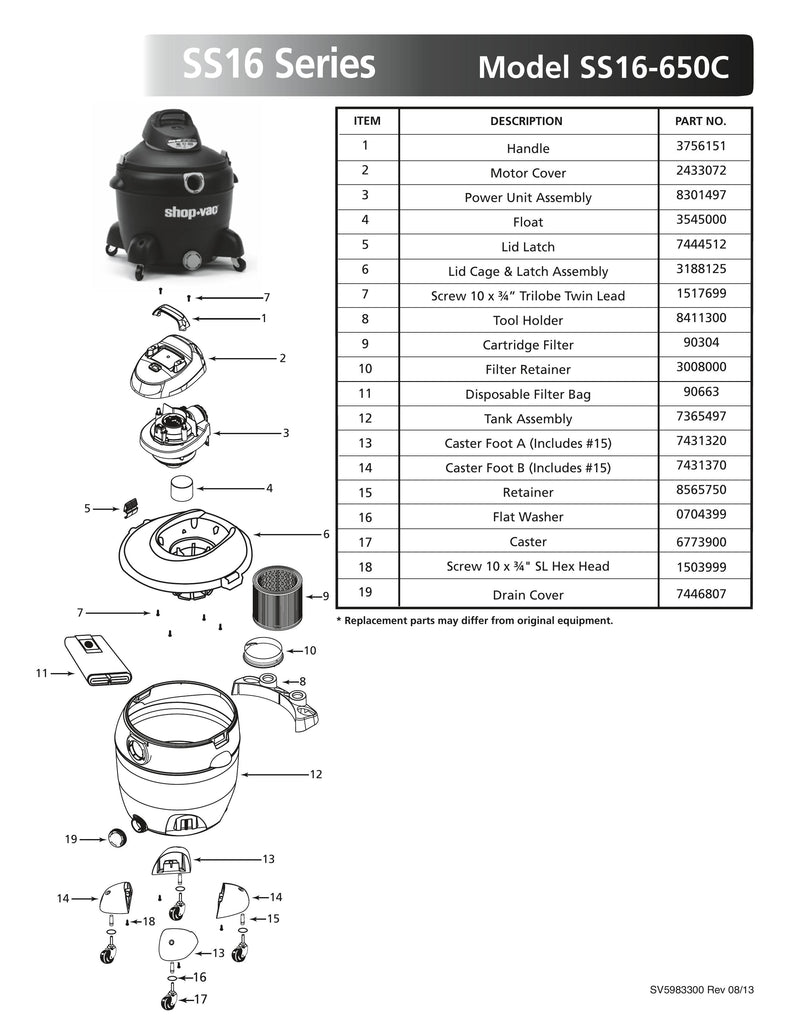 Shop-Vac Parts List for SS16-650C Models (16 Gallon* Black / Yellow Vac)