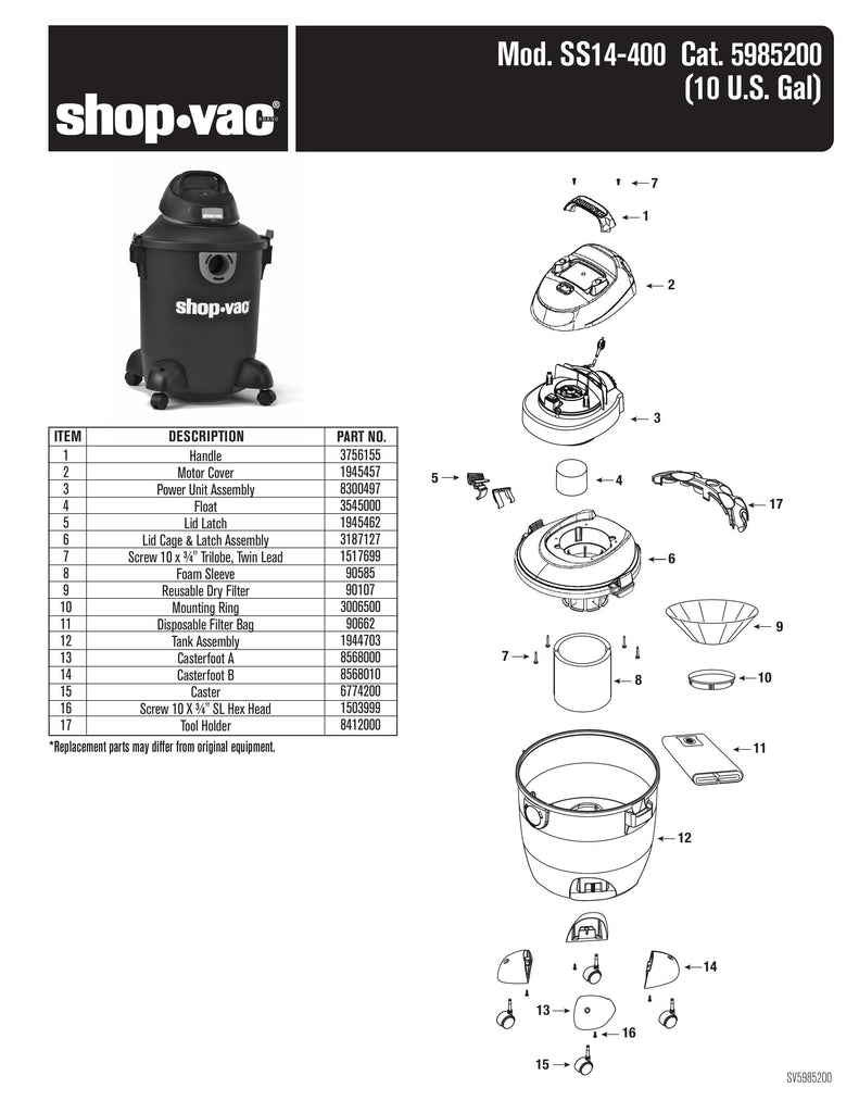 Shop-Vac Parts List for SS14-400 Models (10 Gallon* Black Vac w/ Red Inlet and Latches)