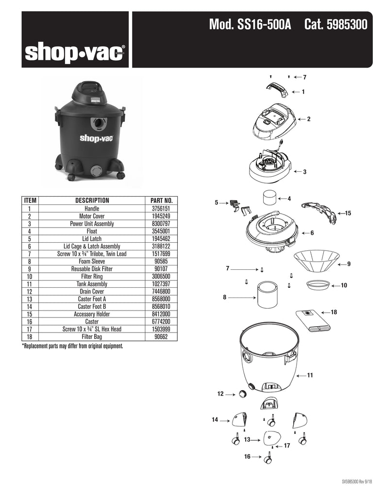 Shop-Vac Parts List for SS16-500A Models (12 Gallon* Black Vac w/ Red Inlet and Latches)