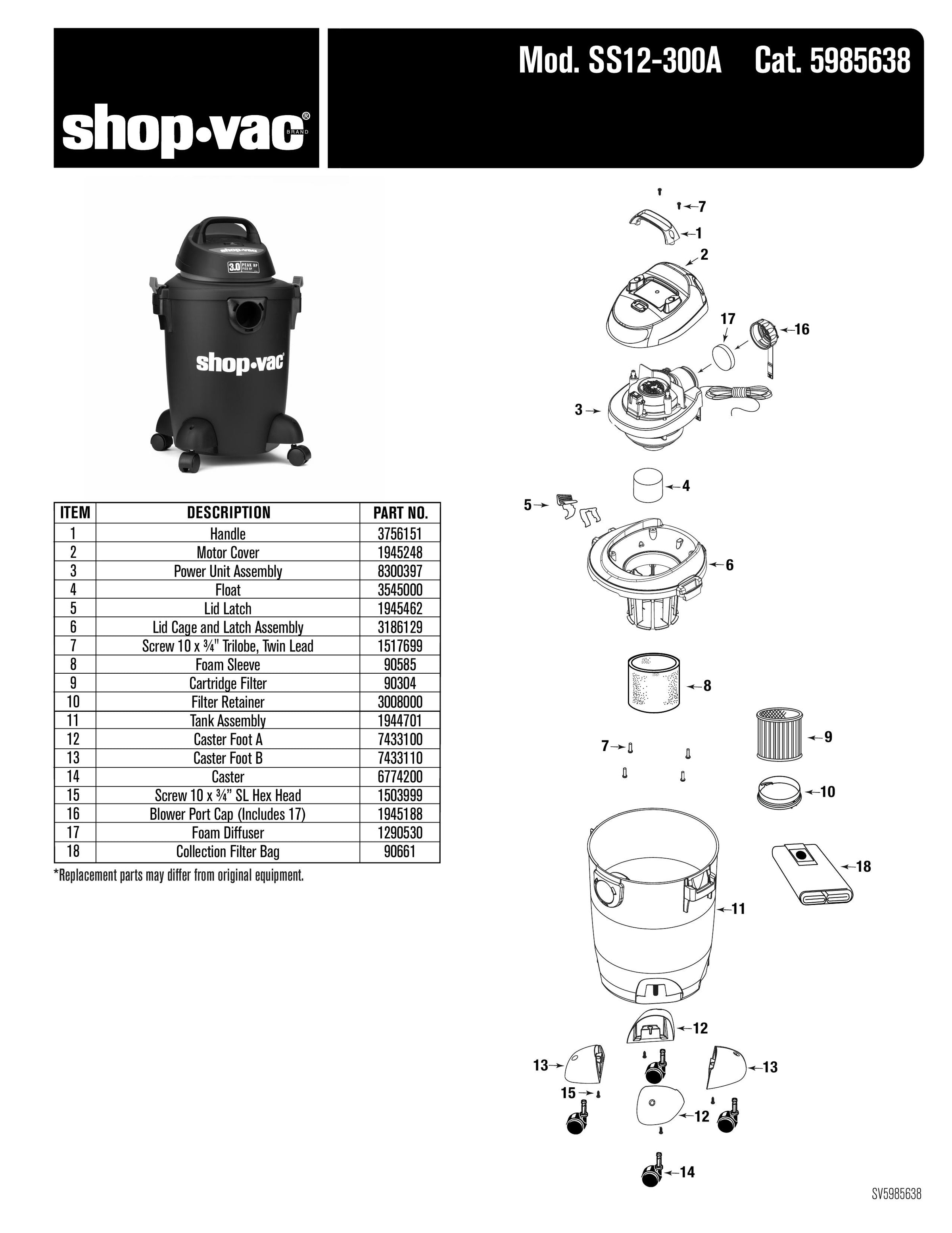 AOD-3 ② Shop-Vac Parts List for SS12-300A Models (Shop-Vac 6 Gallon* 3.0