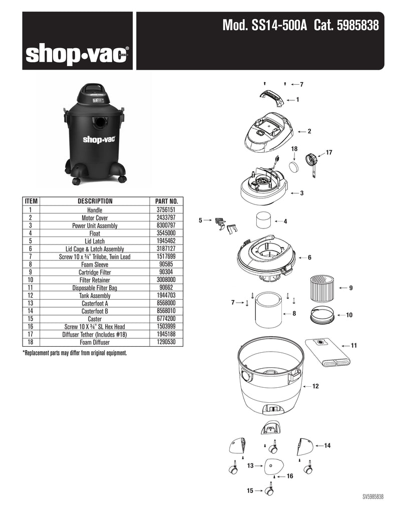 Shop-Vac Parts List for SS14-500A Models (Shop-Vac 10 Gallon* 5.0 Peak HP** Wet/Dry Vacuum)