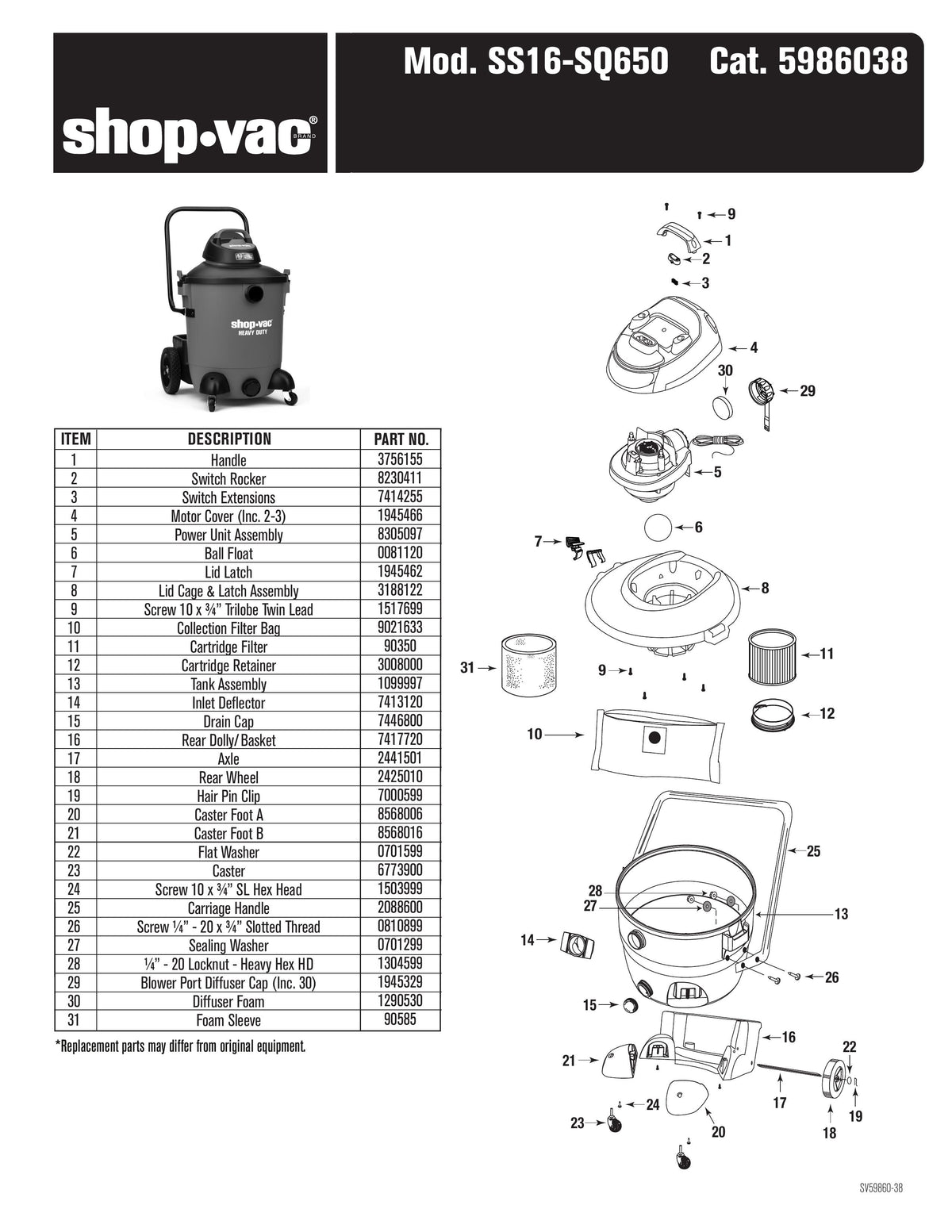 ShopVac Parts List for SS16SQ650 Models 14 Gallon* 6.5 Pea