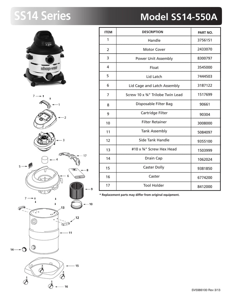 Shop-Vac Parts List for SS14-550A Models (8 Gallon* Black / Red Stainless Steel Vac)