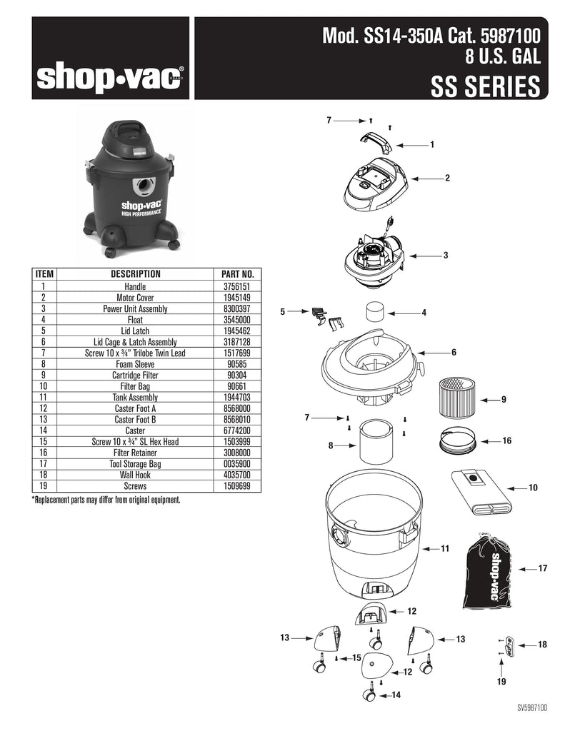 Shop-Vac Parts List for SS14-350A Models (8 Gallon* Black Vac w/ Yellow Inlet and Latches)