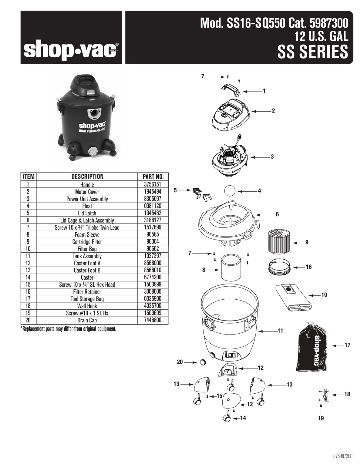 ShopVac Parts List for SS16SQ550 Models (12 Gallon* Black Vac w/ Yel