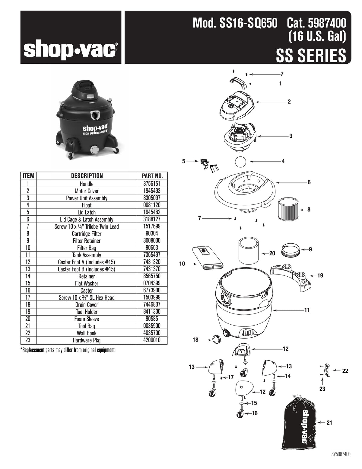 ShopVac Parts List for SS16SQ650 Models (16 Gallon* Black / Yellow V