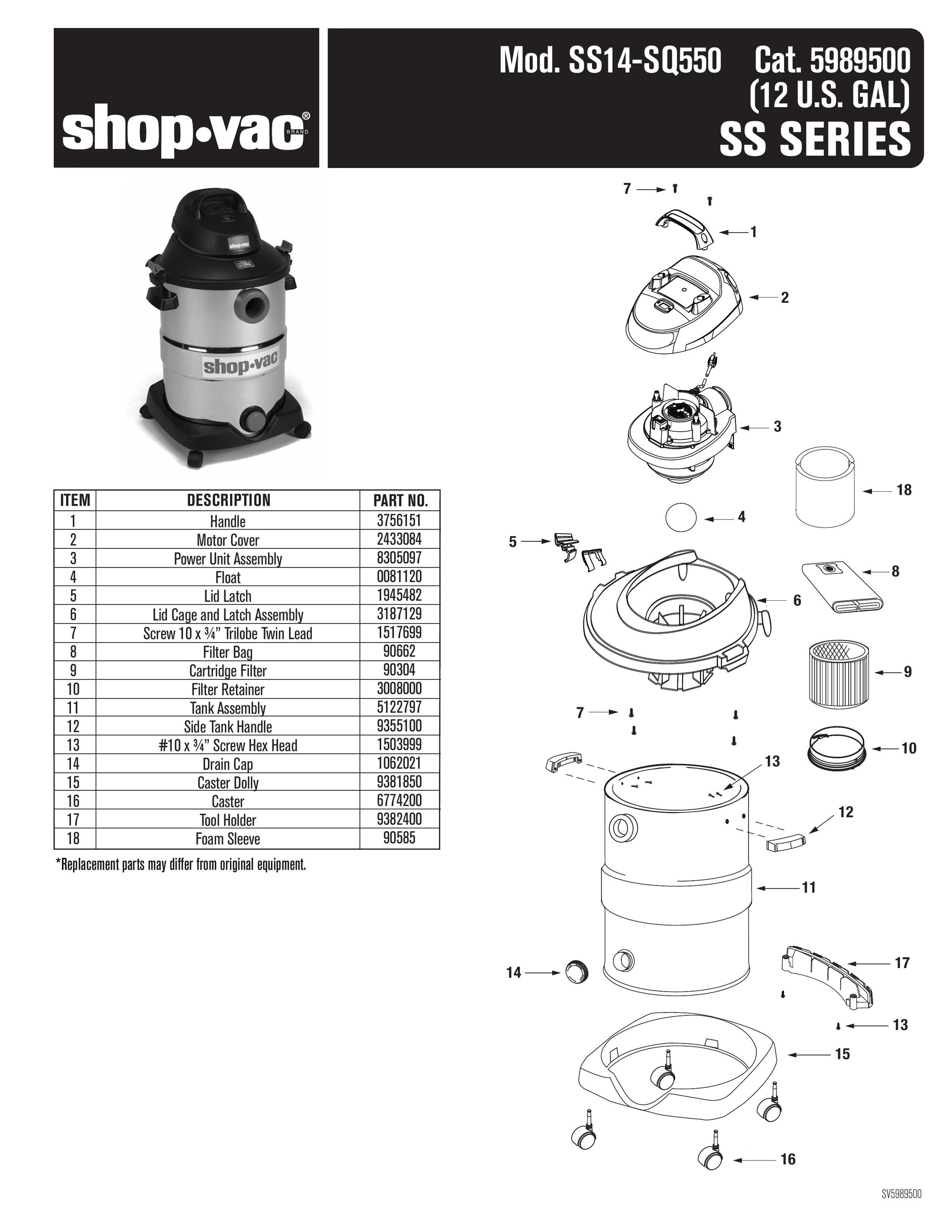 ShopVac Parts List for SS14SQ550 Models (12 Gallon* Black / Red Stai