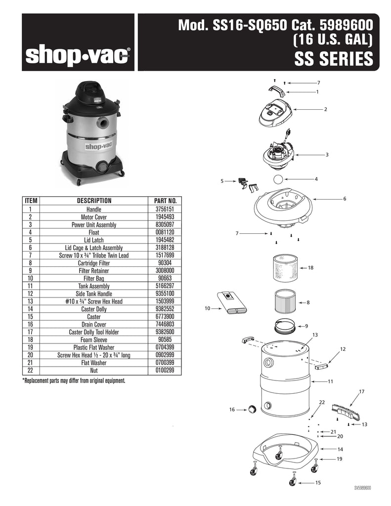 Shop-Vac Parts List for SS16-SQ650 Models (16 Gallon* Black / Red Stainless Steel Vac w/ SVX2 Motor and Full Circumference Dolly)