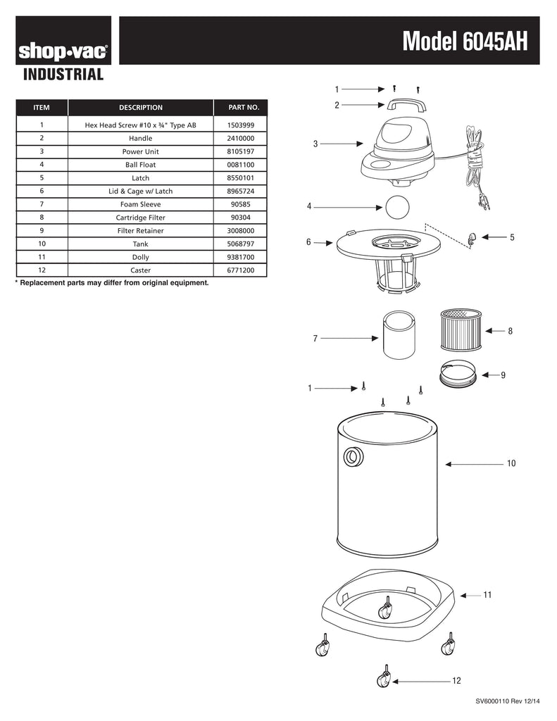 Shop-Vac Parts List for 6045AH Models (6 Gallon* Black / Stainless Steel Industrial Vac w/ full circumference dolly)