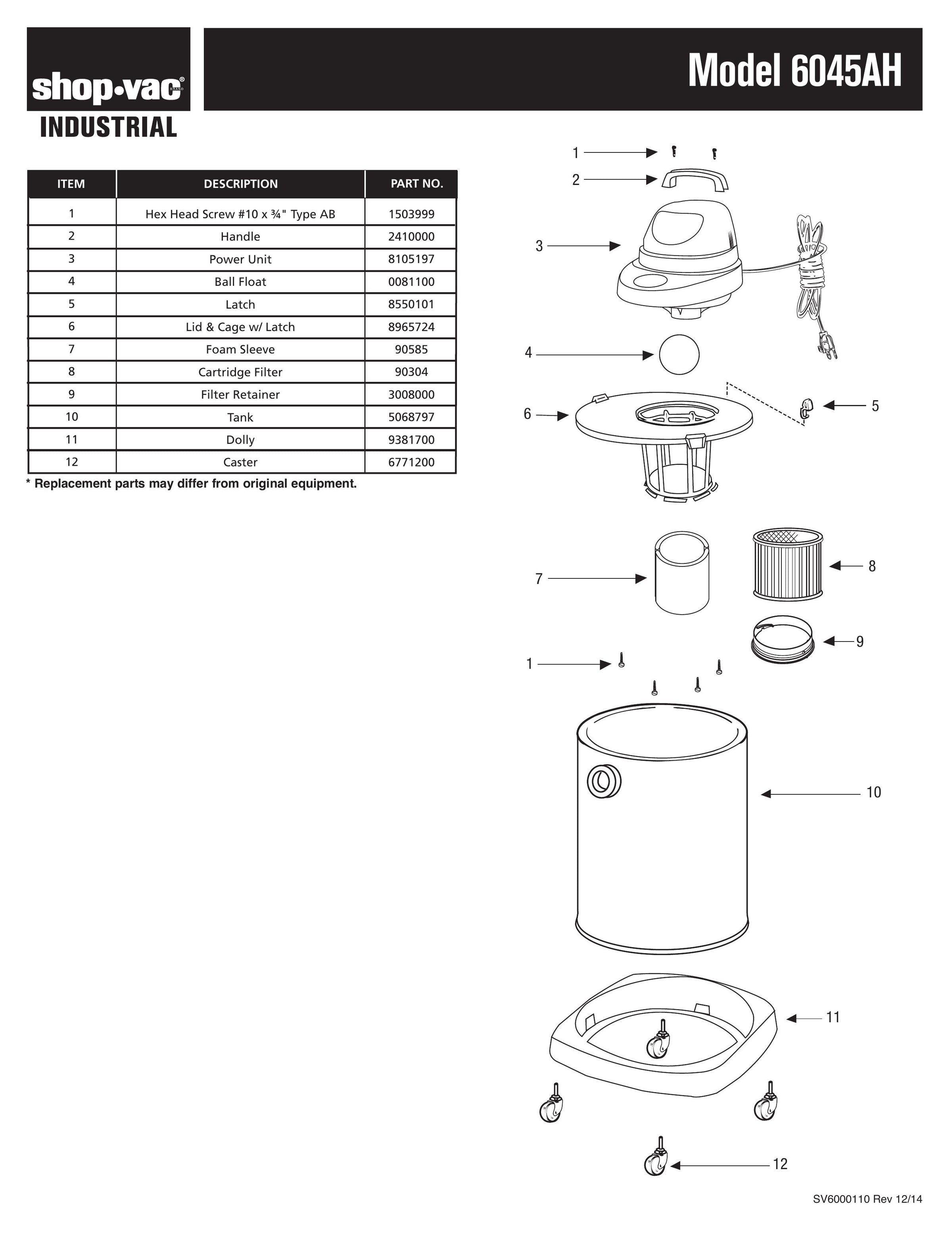 ぺページ Shop-Vac Parts List for 6045AH Models (6 Gallon* Black / Stainless