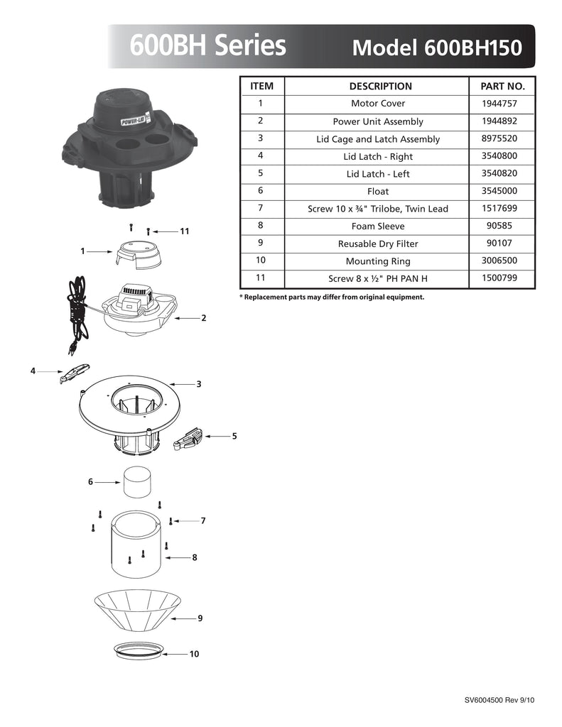 Shop-Vac Parts List for 600BH150 Models (PowerLid & Bucket Head)