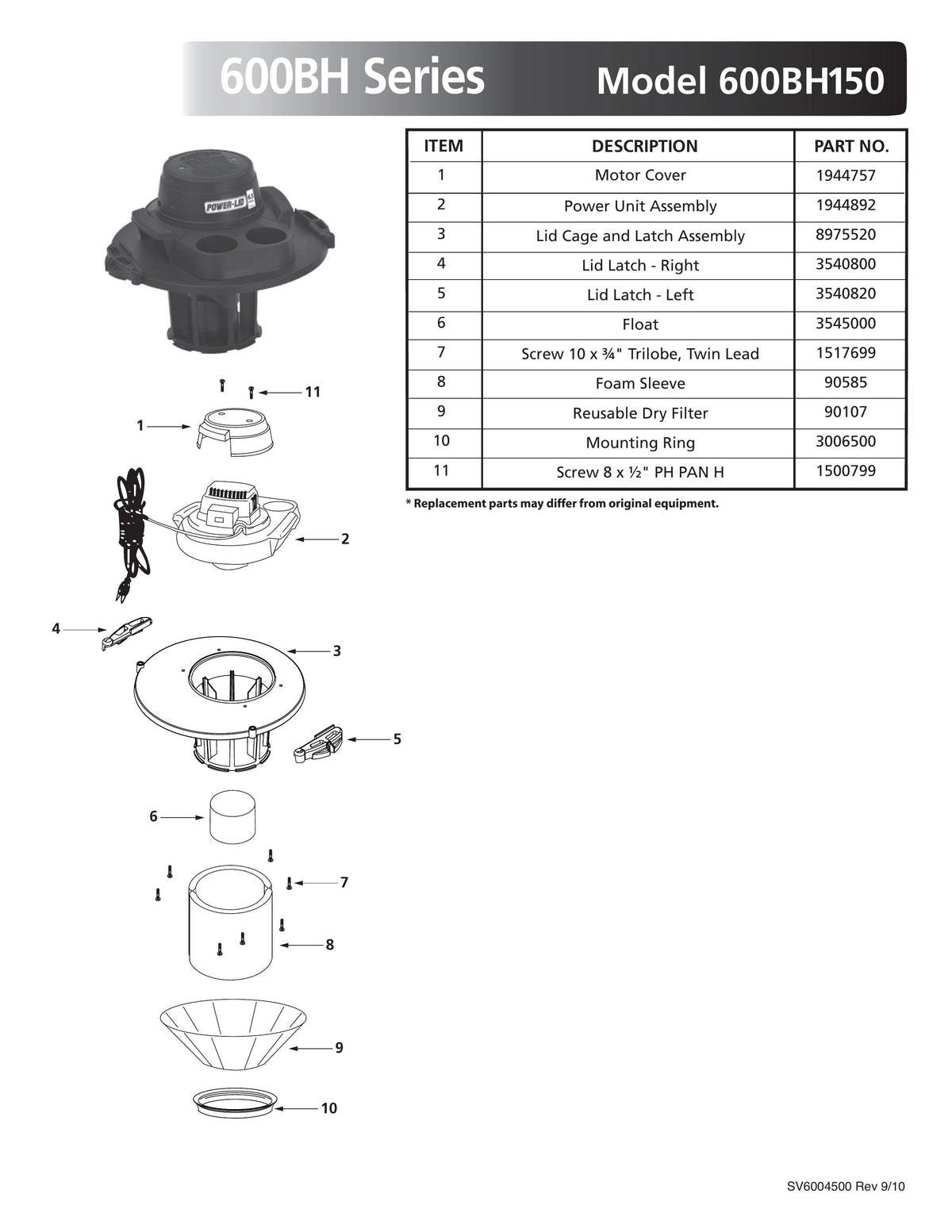 ShopVac Parts List for 600BH150 Models (PowerLid & Bucket Head) Shop