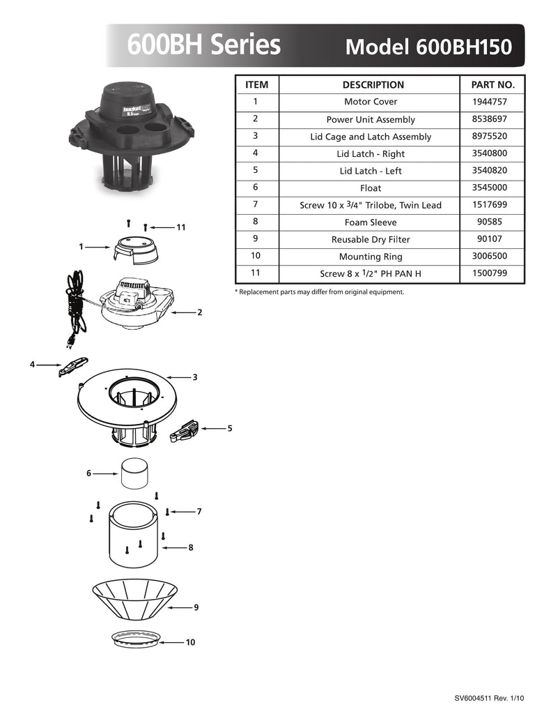 Shop-Vac Parts List for 600BH150 Models (Shop-Vac Wet/Dry Vacuum Head)