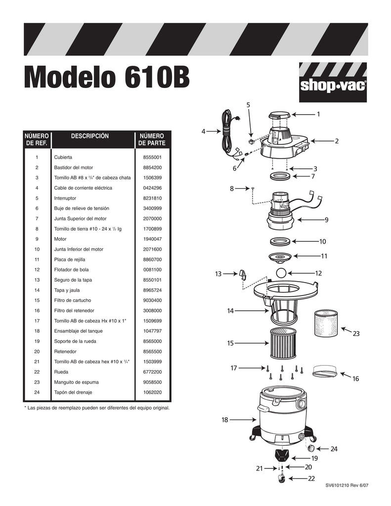 Shop-Vac Parts List for 610B Models (12 Gallon* Black / Yellow Vac)