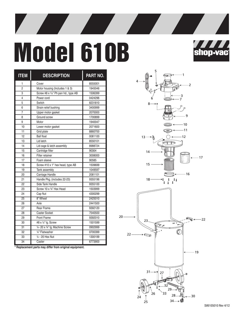 Shop-Vac Parts List for 610B Models (10 Gallon* Black / Industrial Stainless Steel Vac w/ 3 wheel dolly & carriage handle)