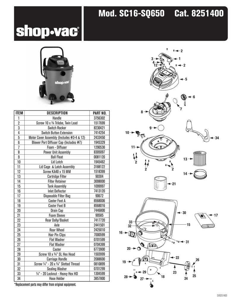 Shop-Vac Parts List for SC16-SQ650 Models (Shop-Vac 14 Gallon* 6.5 Peak HP** Wet/Dry Utility Vacuum with SVX2 Motor Technology)