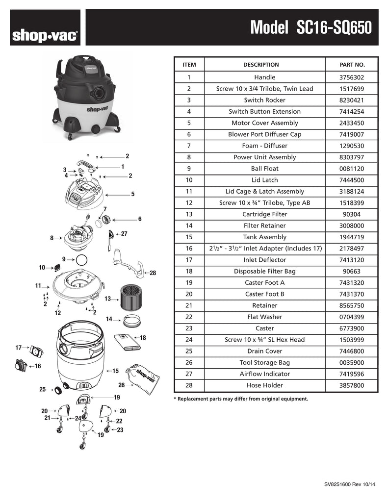 Shop-Vac Parts List for SC16-SQ650 Models (16 Gallon* Yellow / Black SVX2 Vac w/ removable inlet adaptor)