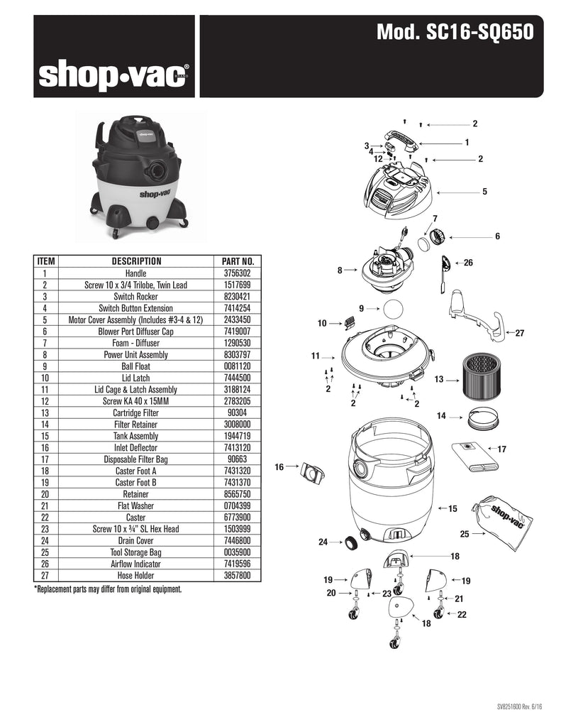Shop-Vac Parts List for SC16-SQ650 Models (16 Gallon* Yellow / Black SVX2 Vac)