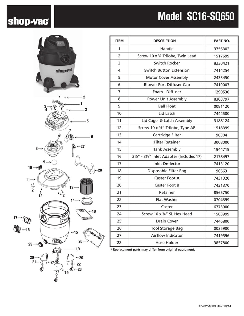 Shop-Vac Parts List for SC16-SQ650 Models (18 Gallon* Yellow / Black SVX2 Vac w/ removable inlet adaptor)