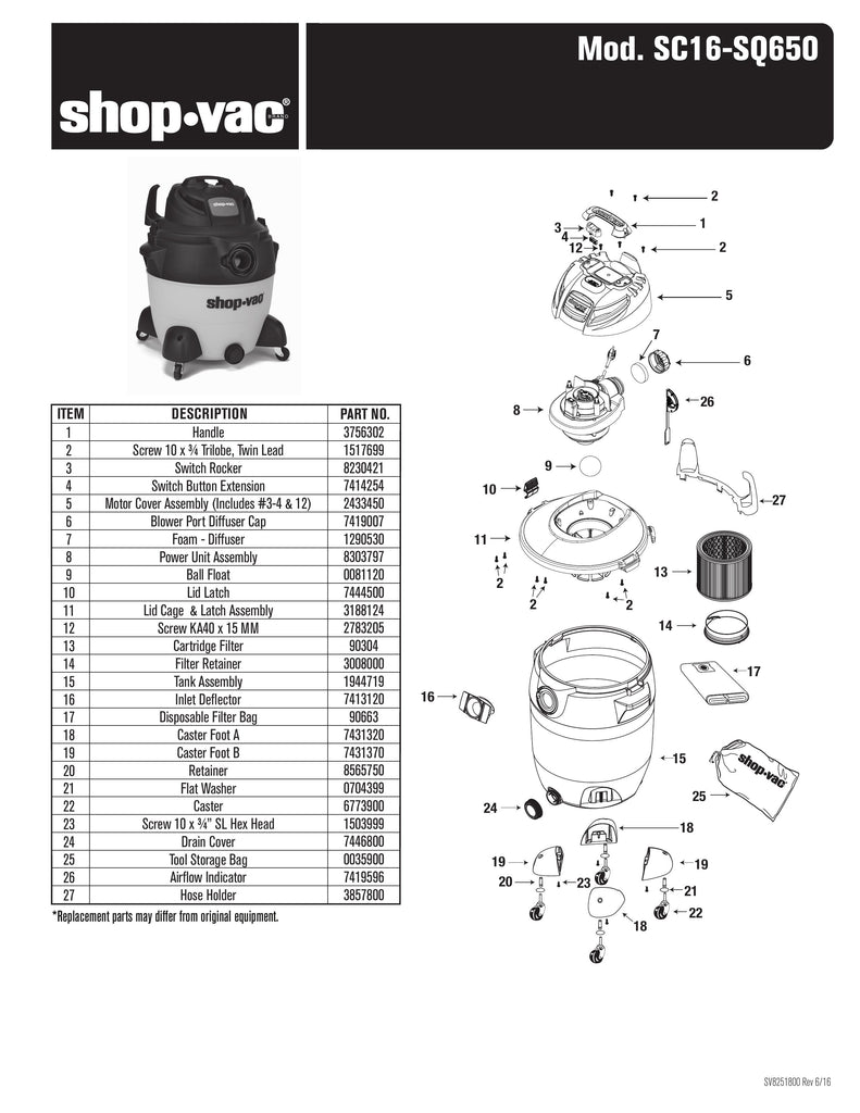Shop-Vac Parts List for SC16-SQ650 Models (18 Gallon* Yellow / Black SVX2 Vac)