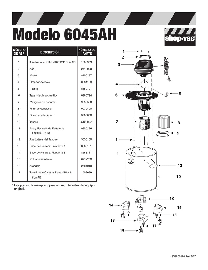 Shop-Vac Parts List for 6045AH Models (10 Gallon* Black / Stainless Steel Industrial Vac w/ 4 caster feet)