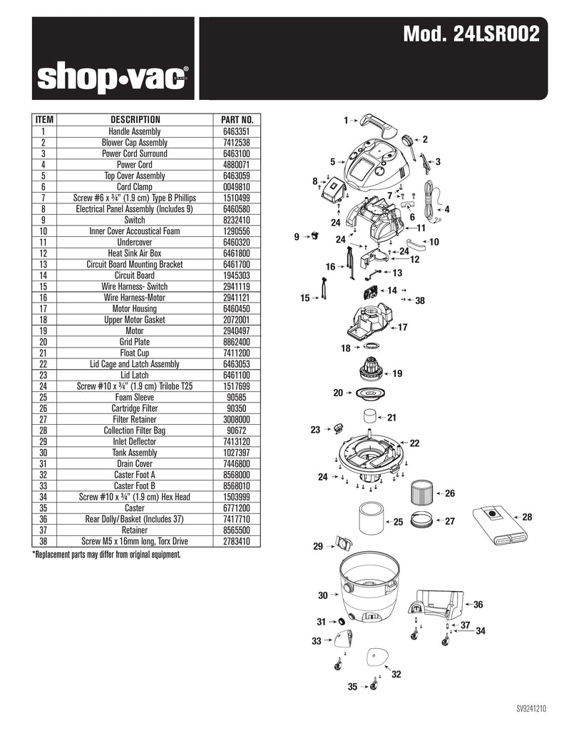 Shop-Vac Parts List for 24LSR002 Models (12 Gallon* Yellow / Black Industrial SR Vac)