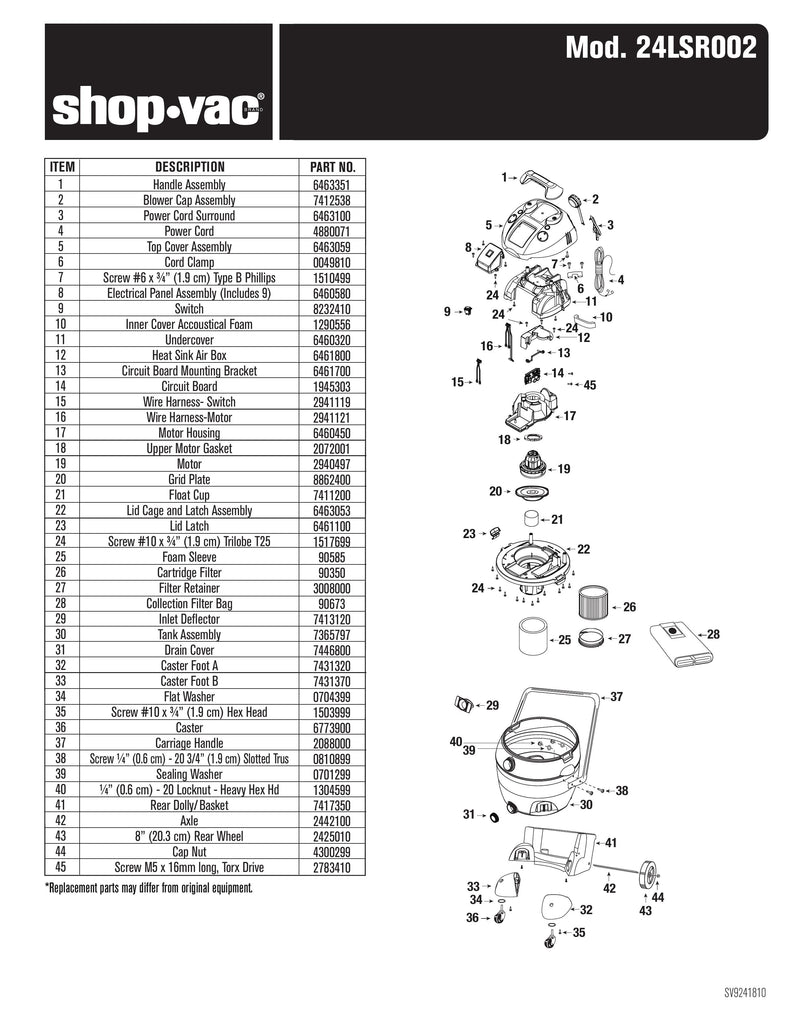Shop-Vac Parts List for 24LSR002 Models (18 Gallon* Yellow / Black Industrial SR Vac)