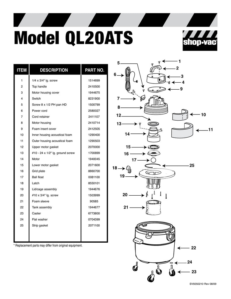 Shop-Vac Parts List for QL20ATS Models (6 Gallon* Yellow / Black Industrial Vac)