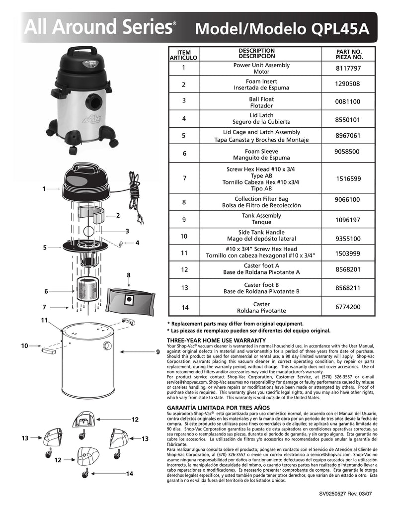 Shop-Vac Parts List for QPL45A Models (5 Gallon* Black / Stainless Steel Vac)
